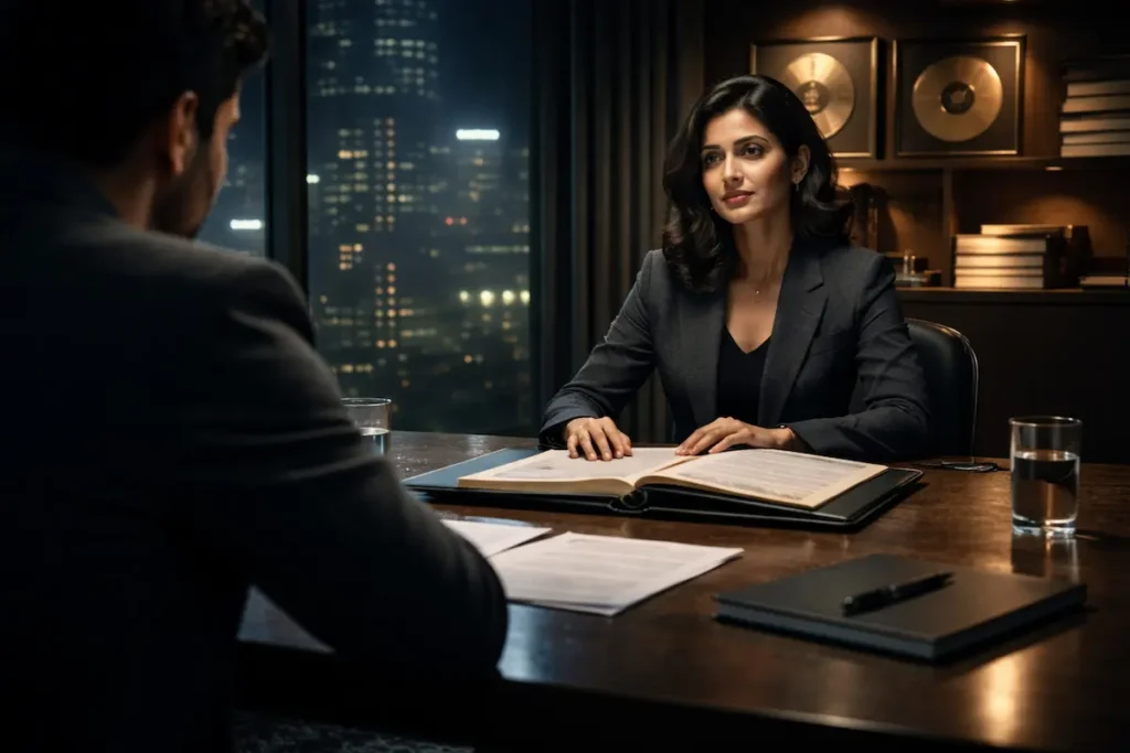 ऑफिस मीटिंग में म्यूज़िक लेबल एक्ज़ीक्यूटिव और फ़िल्म प्रोड्यूसर के बीच सौदे का मंज़र