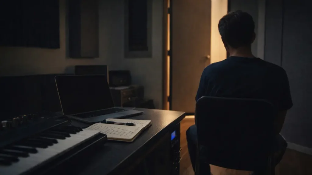 रिकॉर्डिंग रूम में अकेला बैठा नया संगीतकार