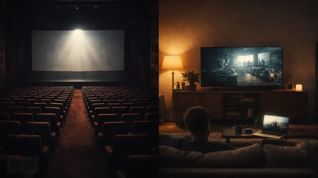 एक तरफ़ खाली सिनेमाघर और दूसरी तरफ़ घर में OTT देखने का शांत दृश्य