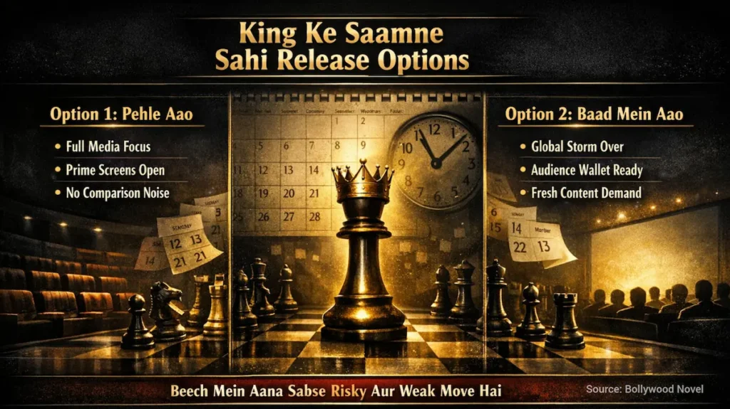 शतरंज की बिसात पर फ़िल्म रिलीज़ की रणनीति दिखाता सिनेमैटिक इन्फोग्राफ़िक