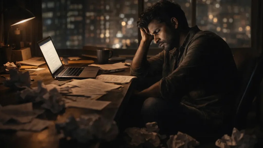 रात के वक़्त मेज़ पर तन्हा बैठा जद्दोजहद करता लेखक