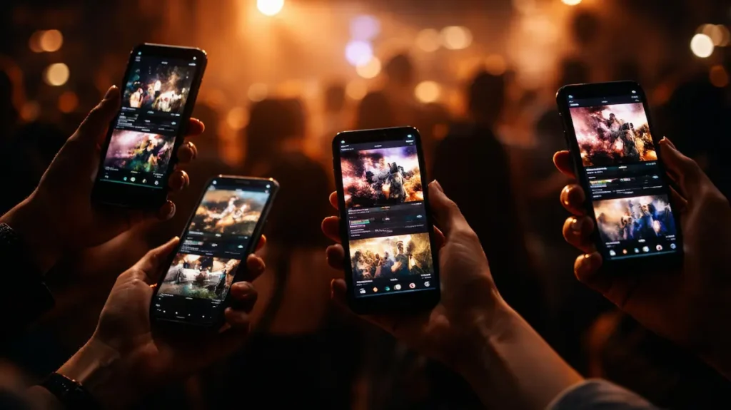 अँधेरे माहौल में हाथों में थामे स्मार्टफ़ोन और चमकती म्यूज़िक रील्स