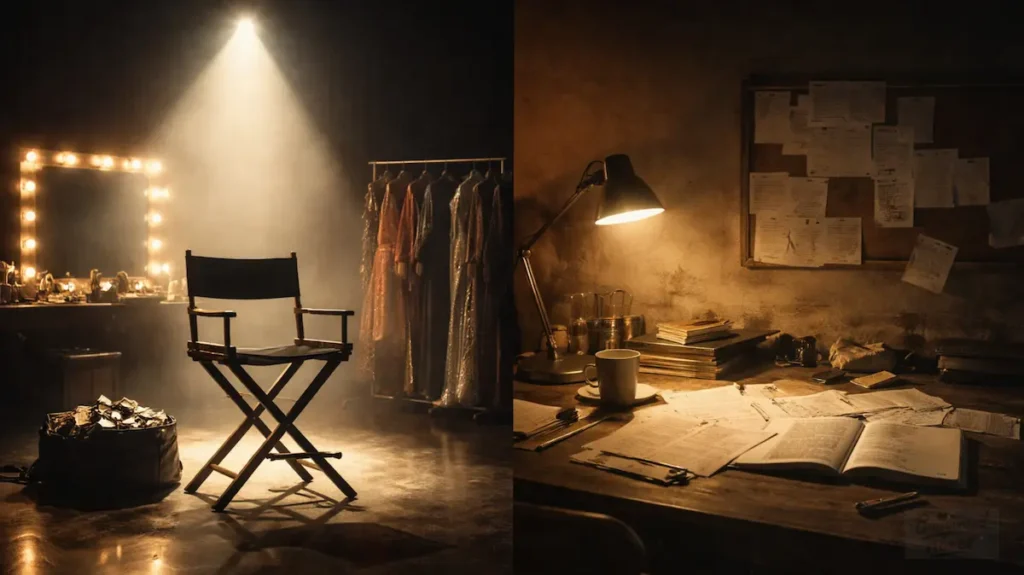 एक तरफ़ चमकती स्टार कुर्सी और दूसरी तरफ़ स्क्रिप्ट से भरी लेखन मेज़