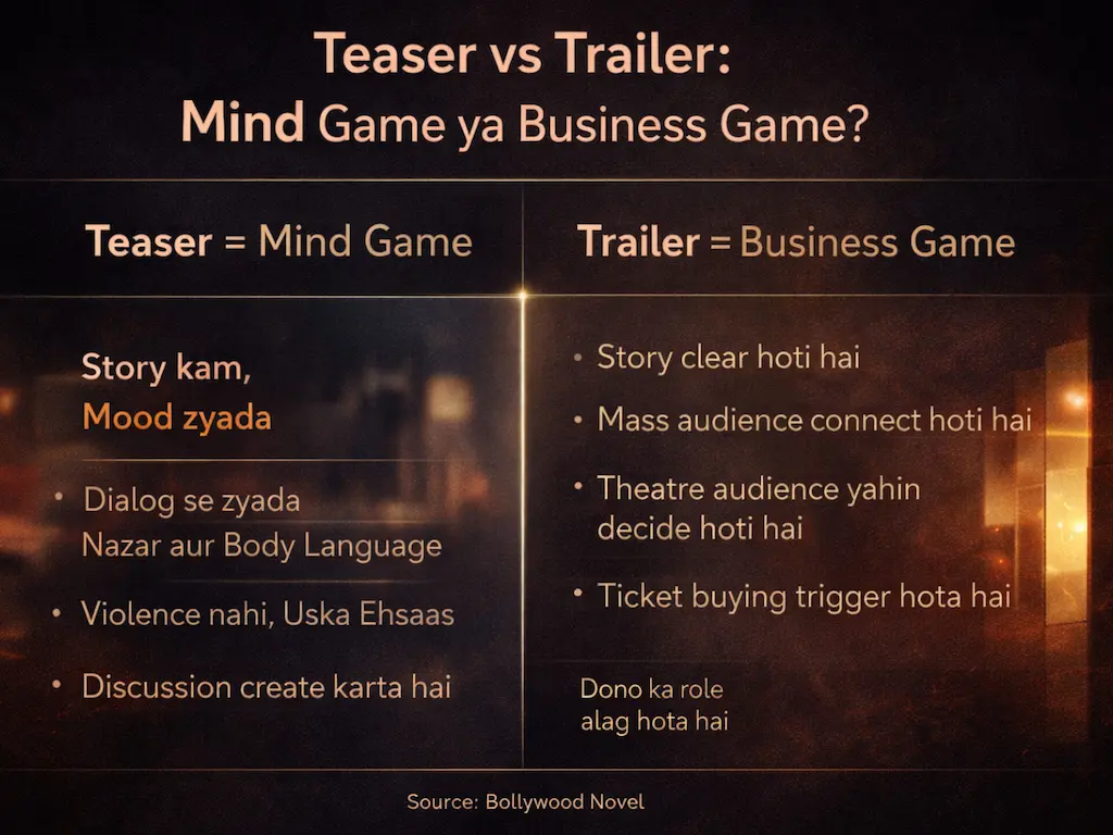 टीज़र और ट्रेलर की रणनीति को समझाता सिनेमैटिक विश्लेषणात्मक विज़ुअल