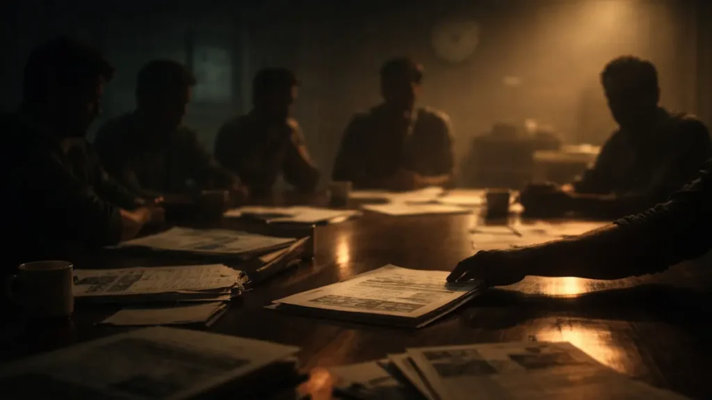 अंधेरे ट्रेड ऑफिस में फ़ाइलों और काग़ज़ों के बीच ख़ामोश सहमति का फ़ैसला दिखाता सिनेमैटिक दृश्य