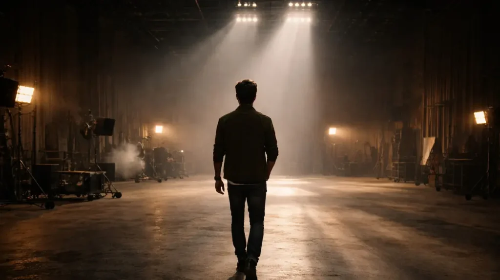 खाली फिल्म स्टूडियो में अकेला चलता एक्टर