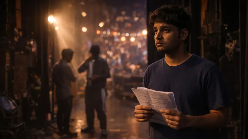 स्टेज के पीछे स्क्रिप्ट पकड़े एक उभरता कॉमेडियन उम्मीद भरे लम्हे में