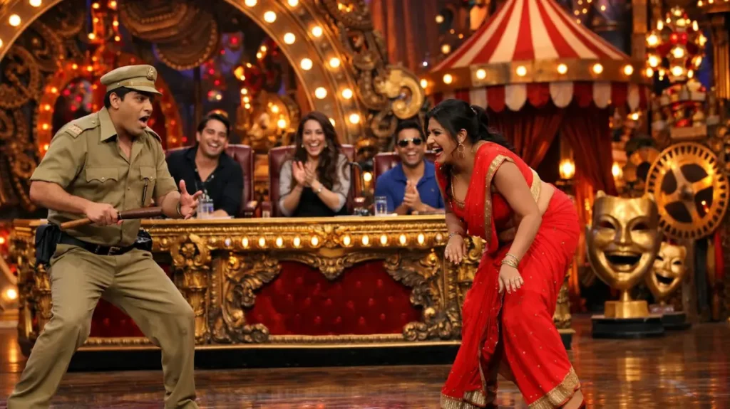 कॉमेडी मंच पर हंसाती जोड़ी और जजों की मुस्कुराहट का मंज़र