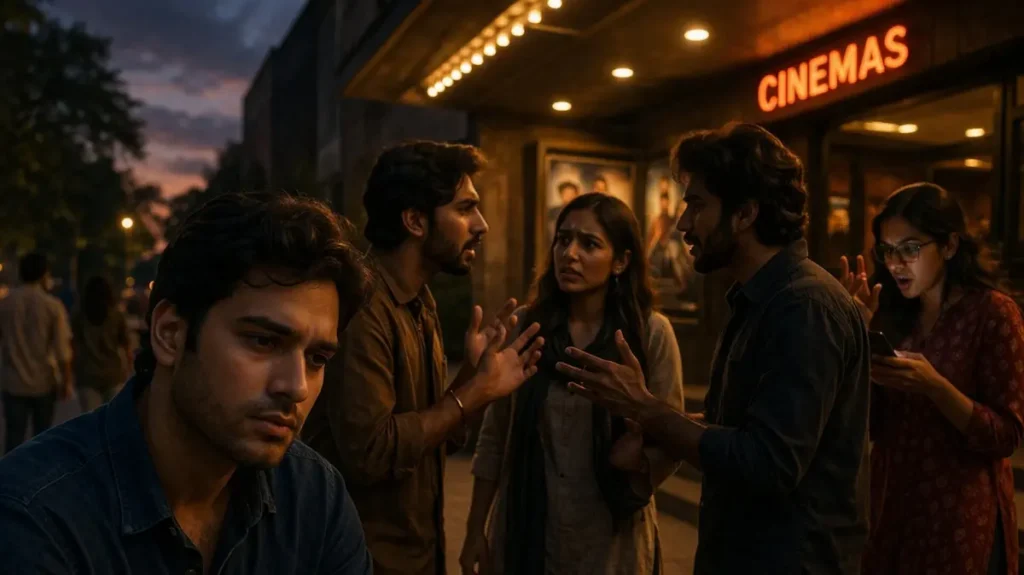 सिनेमा के बाद एक शख़्स खामोशी से सोच में डूबा हुआ जबकि पीछे लोग बहस कर रहे हैं