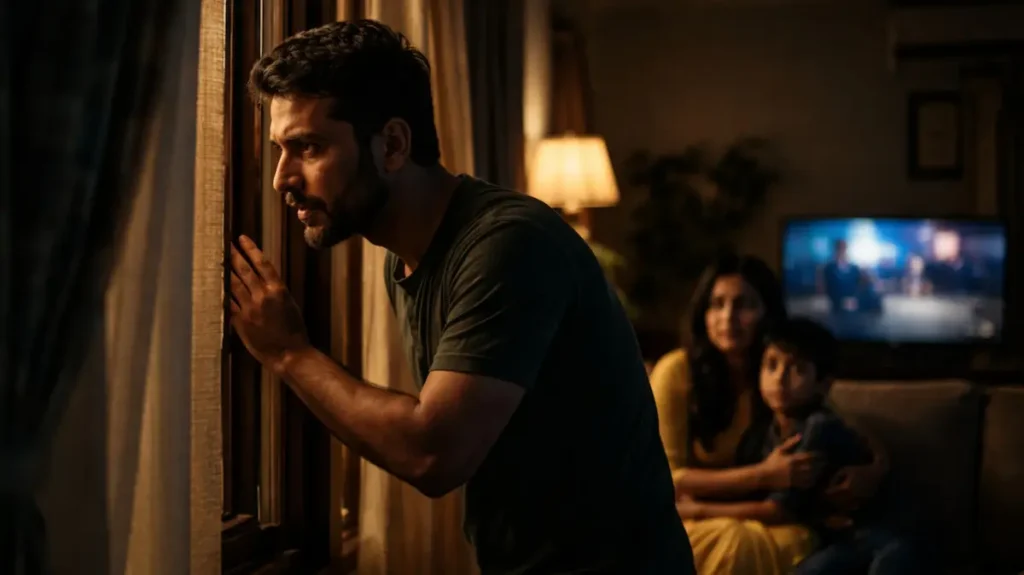 एक घर में खिड़की से बाहर देखता चिंतित आदमी, पीछे डरा हुआ परिवार