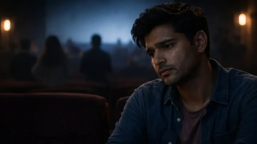 सिनेमा हॉल में बैठा एक शख़्स फिल्म के असर से खामोश और नम आंखों के साथ दिखाई दे रहा है