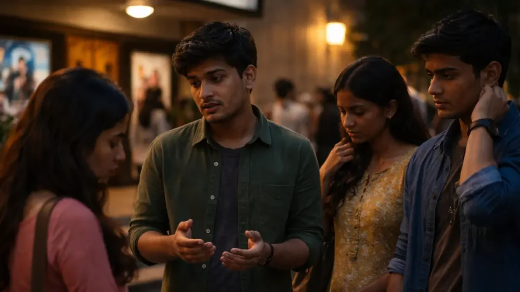 सिनेमा के बाहर कुछ लोग झिझक के साथ एक नाज़ुक मुद्दे पर बात करते हुए नज़र आ रहे हैं