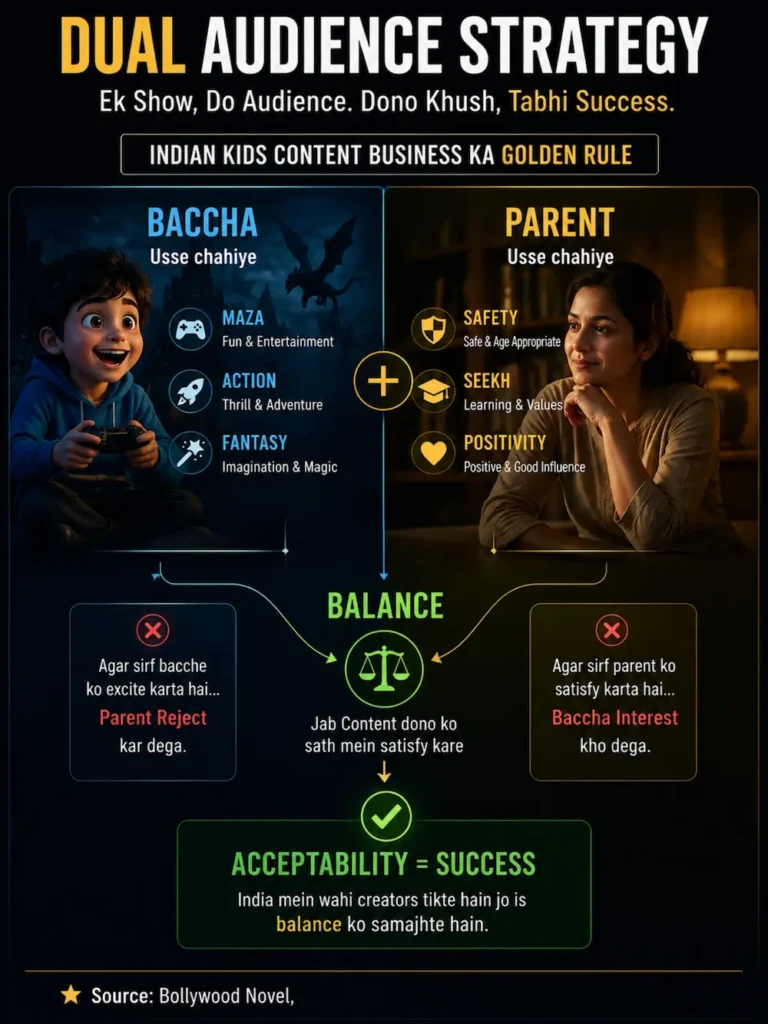 बच्चा और पेरेंट की अलग जरूरतें, कंटेंट में बैलेंस दिखाता हुआ