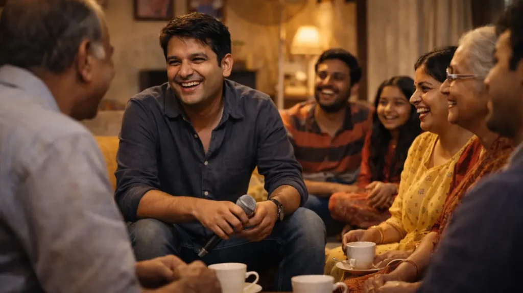 घर के माहौल में बैठा एक कॉमेडियन, लोगों के साथ हँसी और अपनापन बाँटता हुआ