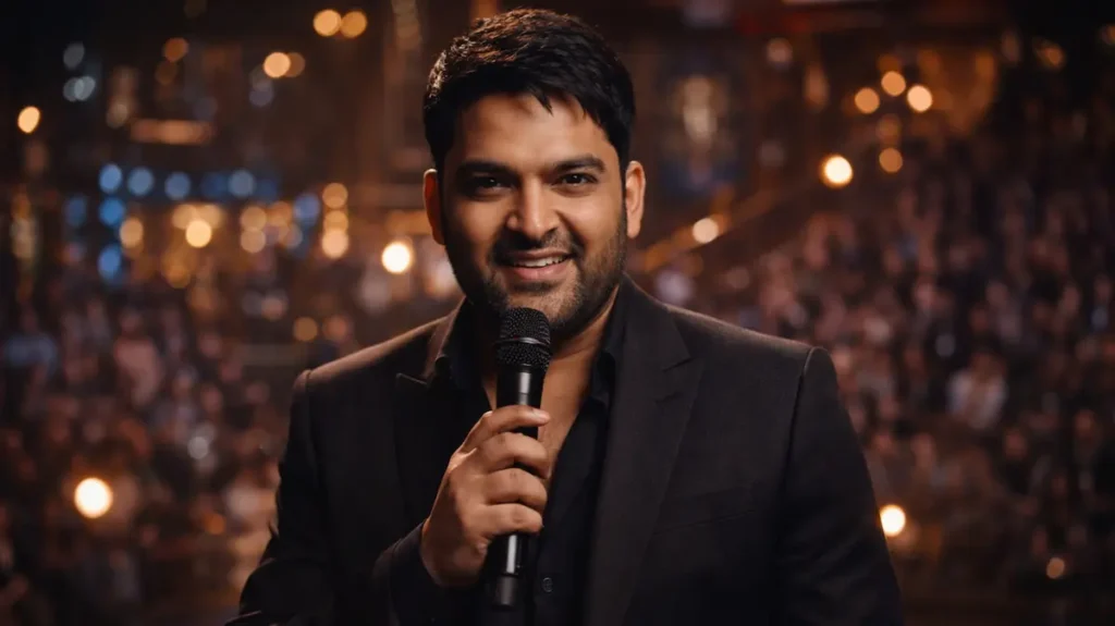 स्टेज पर माइक्रोफोन थामे सफल कॉमेडियन का सिनेमाई दृश्य