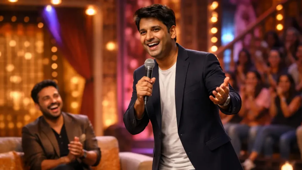 भरे स्टूडियो में शो होस्ट करता एक कॉमेडियन, हँसी और रौनक से भरा माहौल