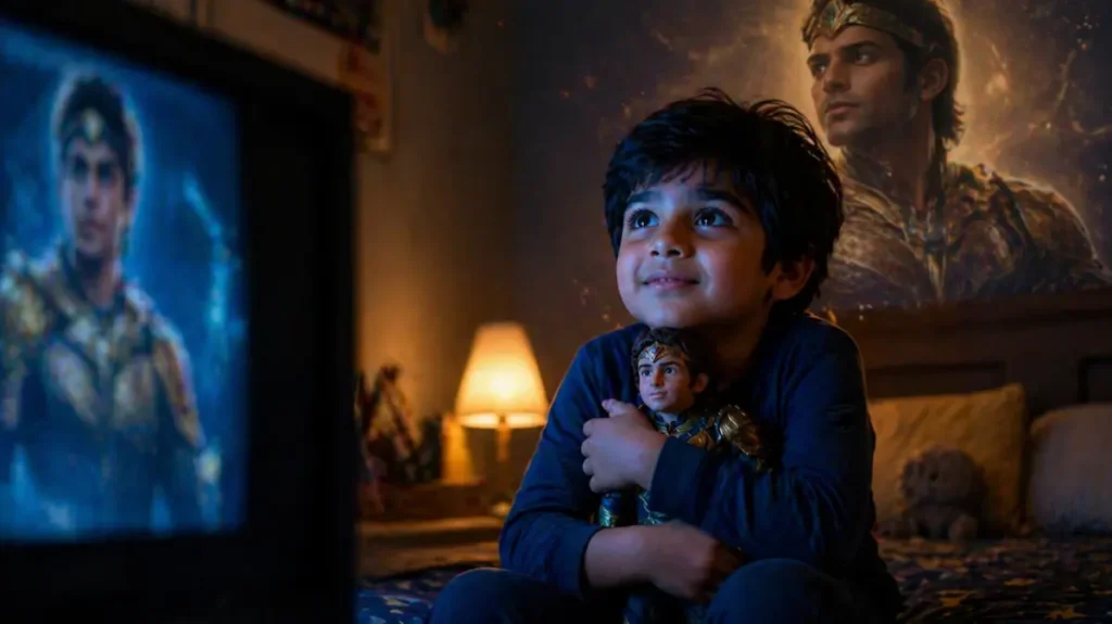 बच्चा अपने पसंदीदा किरदार से जुड़ाव महसूस करता हुआ