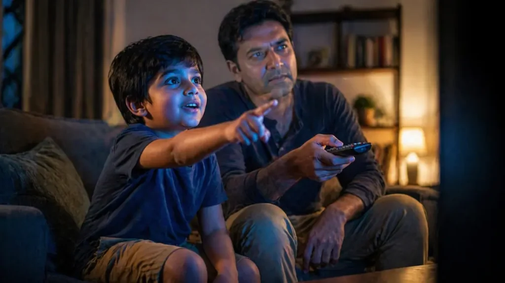 बच्चा टीवी की तरफ इशारा करता हुआ, पेरेंट रिमोट के साथ फैसला लेते हुए