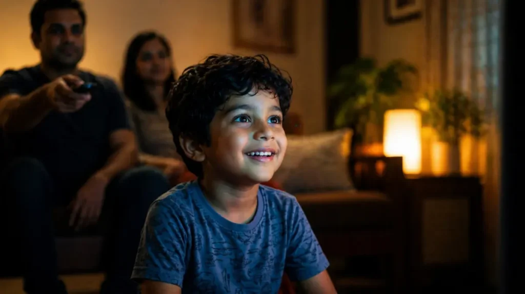 बच्चा टीवी देखते हुए, पीछे पेरेंट रिमोट के साथ कंट्रोल करते हुए