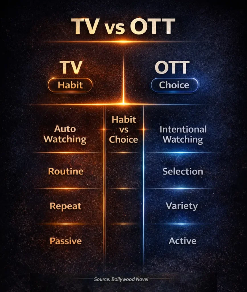 दो हिस्सों में बंटा विज़ुअल जहाँ टीवी और ओटीटी देखने के तरीके का फर्क दिखाया गया है