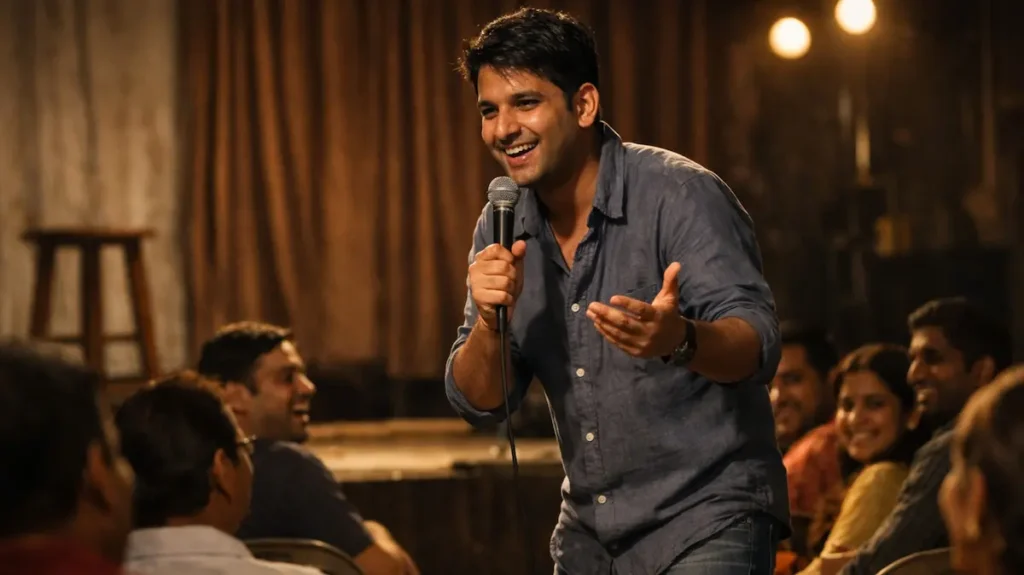 छोटे मंच पर परफ़ॉर्म करता एक नौजवान कॉमेडियन, सादा माहौल और दिल से जुड़ा अंदाज़