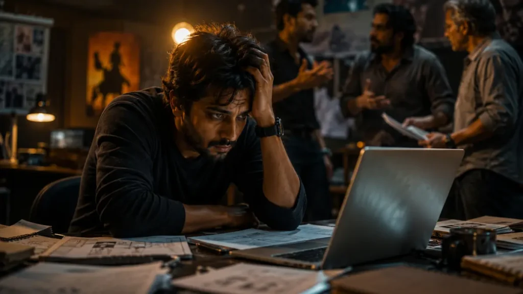 थका हुआ VFX artist script planning के दबाव में बैठा हुआ
