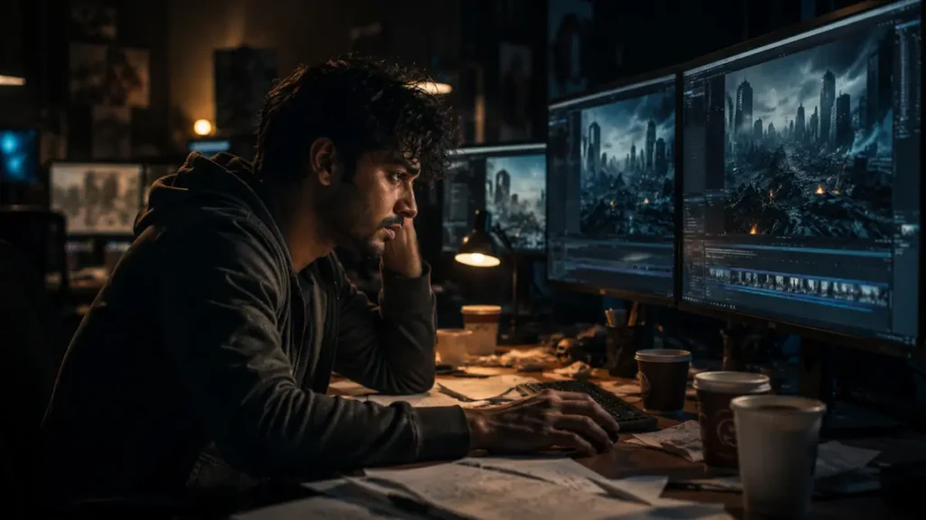 देर रात studio में काम करता परेशान VFX आर्टिस्ट