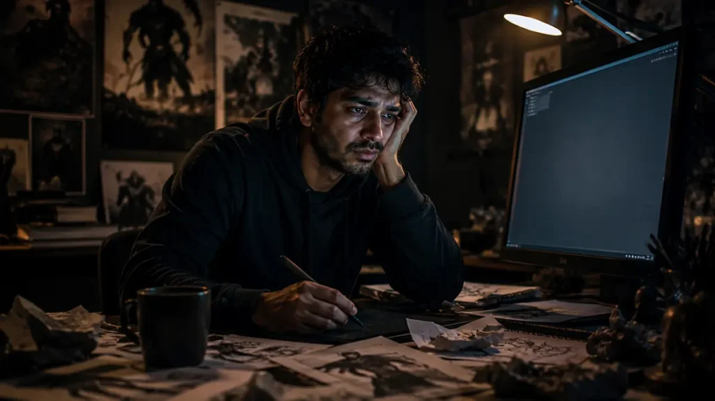 थका हुआ VFX आर्टिस्ट creative pressure में खोया हुआ