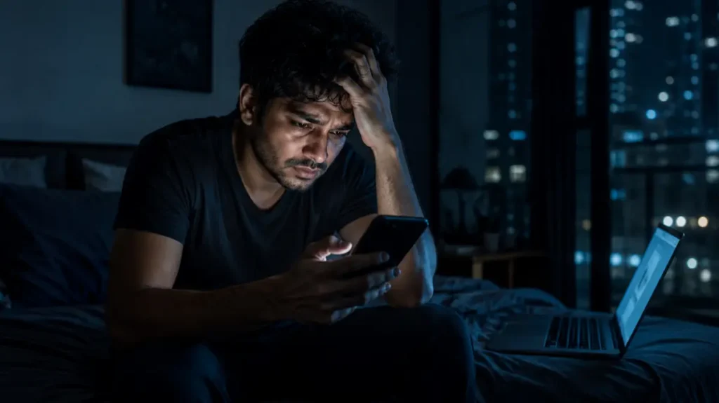 देर रात चिंता में डूबा VFX आर्टिस्ट mobile देखता हुआ
