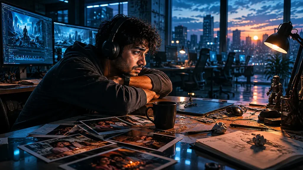 अकेला VFX आर्टिस्ट studio में खामोशी से बैठा हुआ