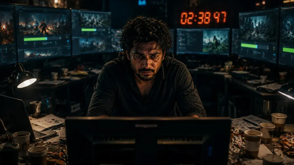 deadline pressure में काम करता थका हुआ VFX artist