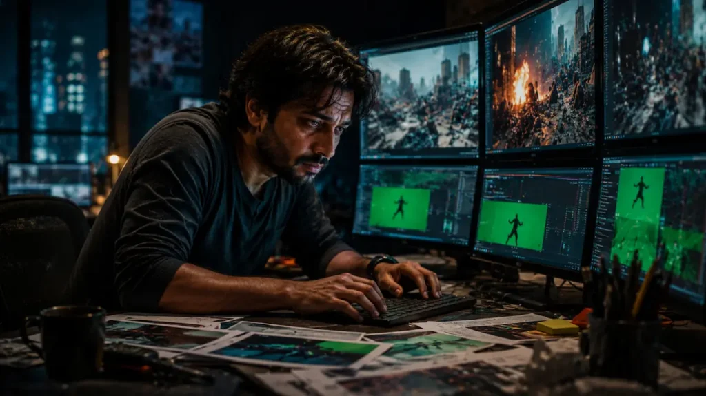 रातभर CGI fixes में उलझा थका हुआ VFX artist