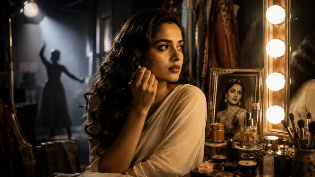 मेकअप रूम में आईने के सामने बैठी अभिनेत्री