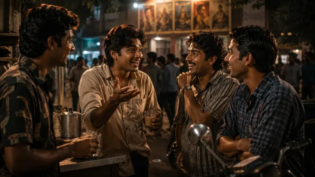दोस्त चाय की दुकान पर फिल्म की चर्चा करते हुए