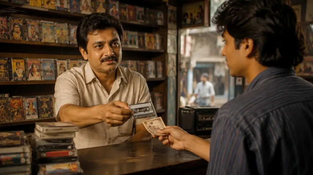 90s बॉलीवुड म्यूज़िक मार्केटिंग में कैसेट खरीदता युवा