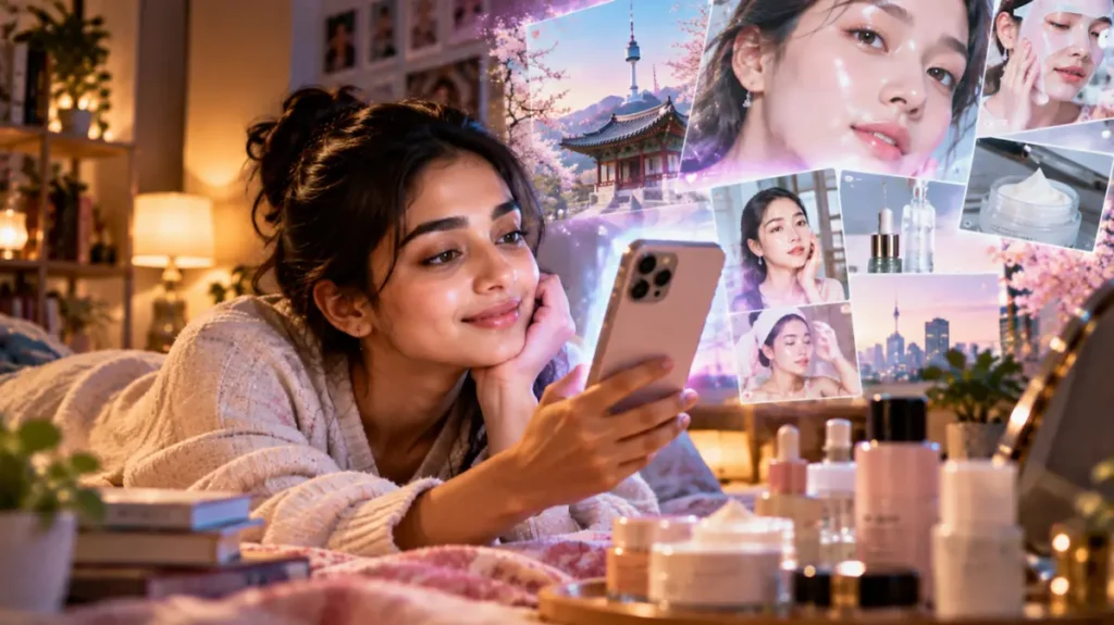 फोन देखते हुए महिला के चेहरे पर चमकती त्वचा