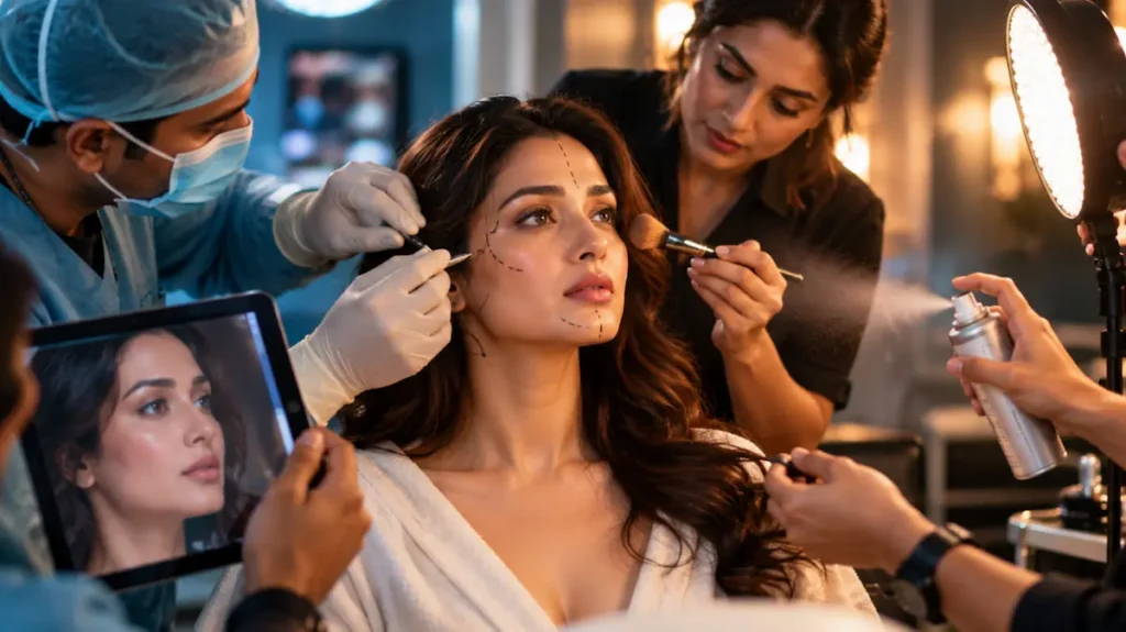 मेकअप के साथ अभिनेत्री के चेहरे पर निशान बनाता डॉक्टर