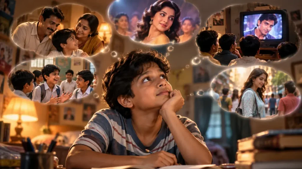 बच्चा बैठकर अपनी पुरानी यादों के बारे में सोचता हुआ