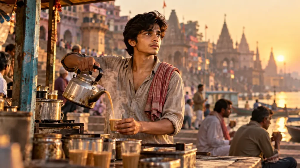 घाट पर चाय बनाता एक युवा लड़का
