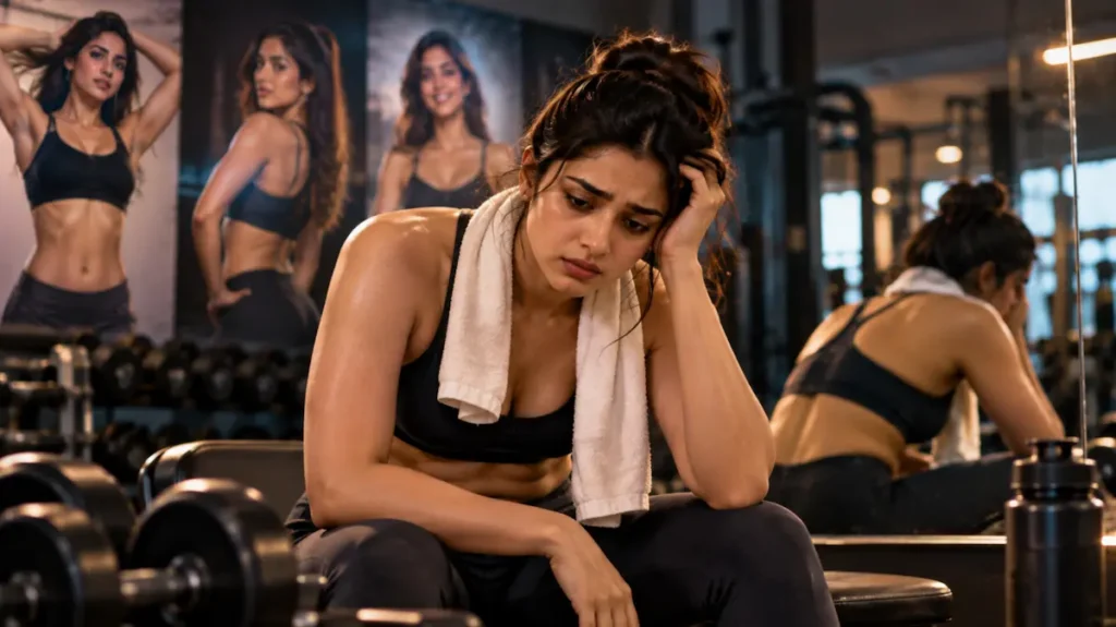जिम में थकी हुई महिला सिर पर हाथ रखे बैठी है
