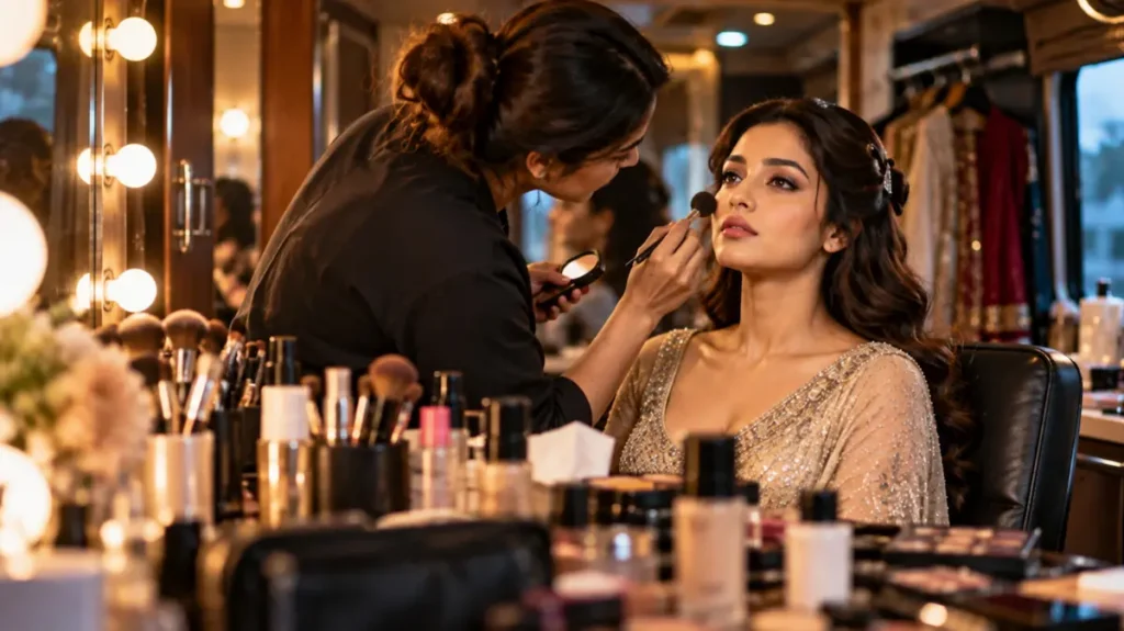 मेकअप आर्टिस्ट अभिनेत्री के चेहरे पर ब्रश चला रही है