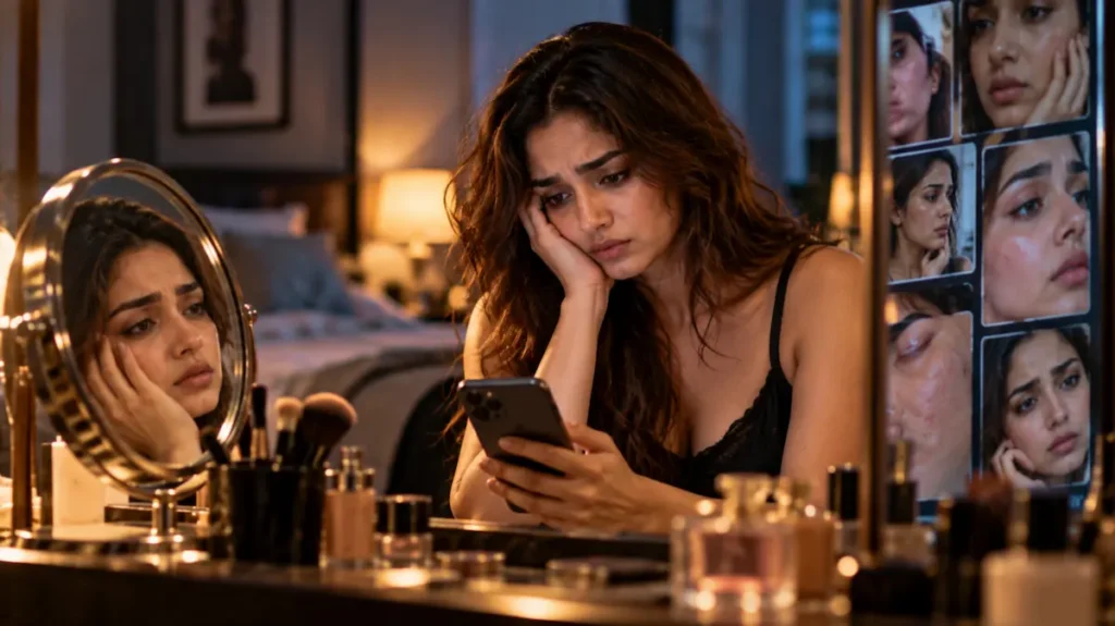 मोबाइल देखते हुए परेशान महिला और आईने में उसका अक्स