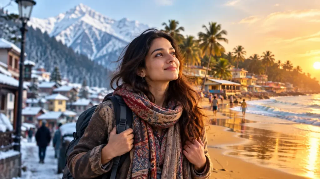 बर्फीले पहाड़ों से समुद्र किनारे पहुँची सोचती महिला